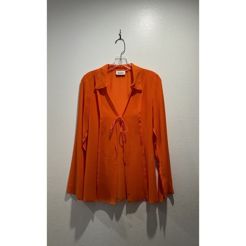 WEEKDAY Willow Chiffon Blouse Bright Orange Sheer Tie Front Resort Top Travel